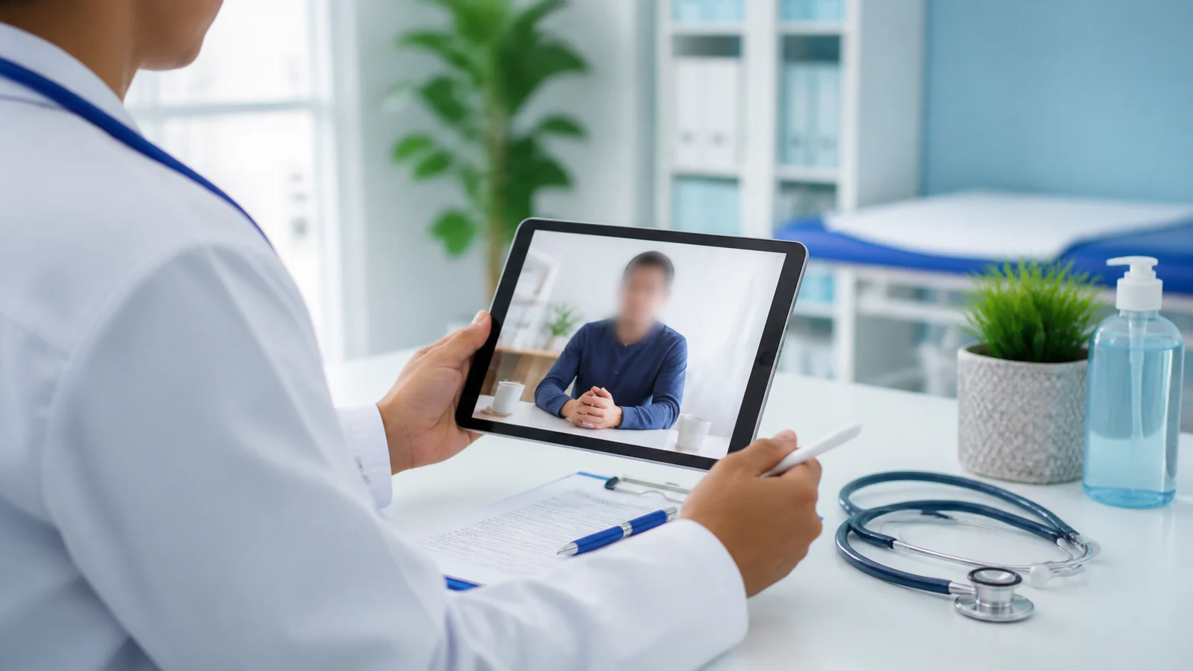 A stethoscope beside a laptop