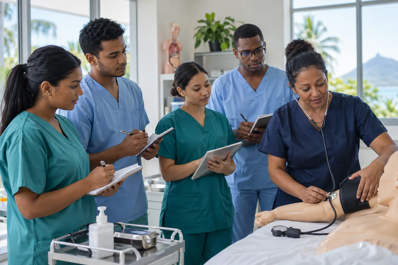 A nurse educator leading a practical healthcare skills session in Mauritius