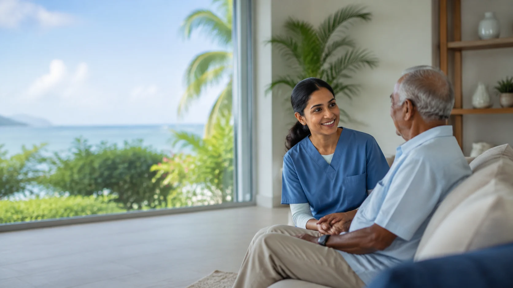 A smiling physiotherapist helping an older man exercise with a blue resistance band. Your Health. Our Priority.