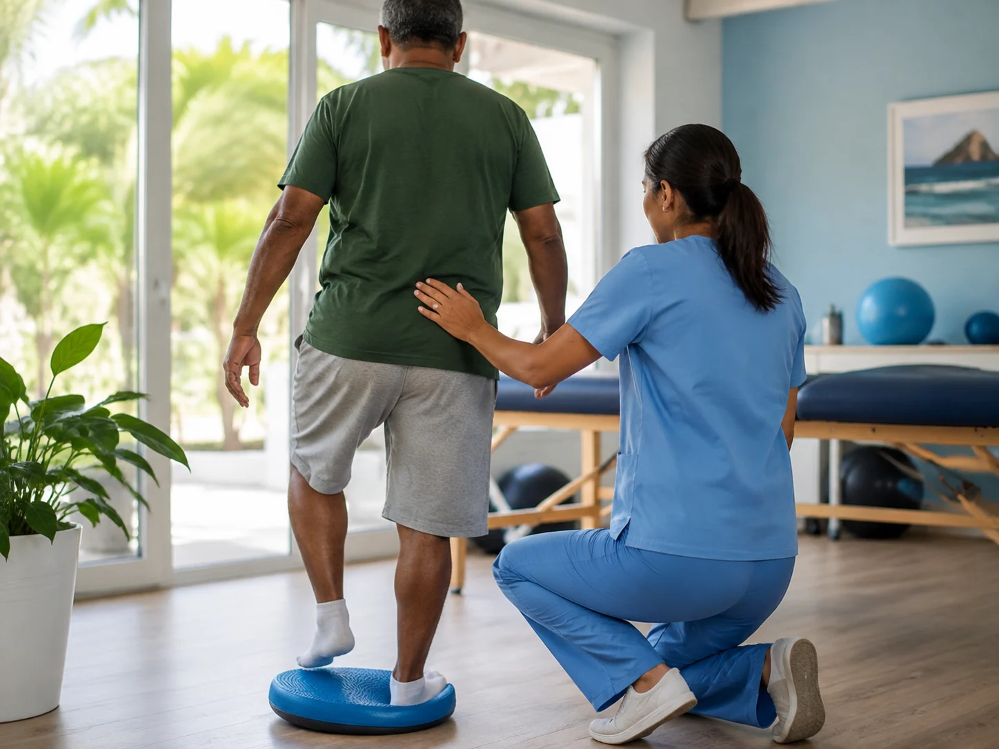 A physiotherapist supporting a patient's knee rehabilitation
